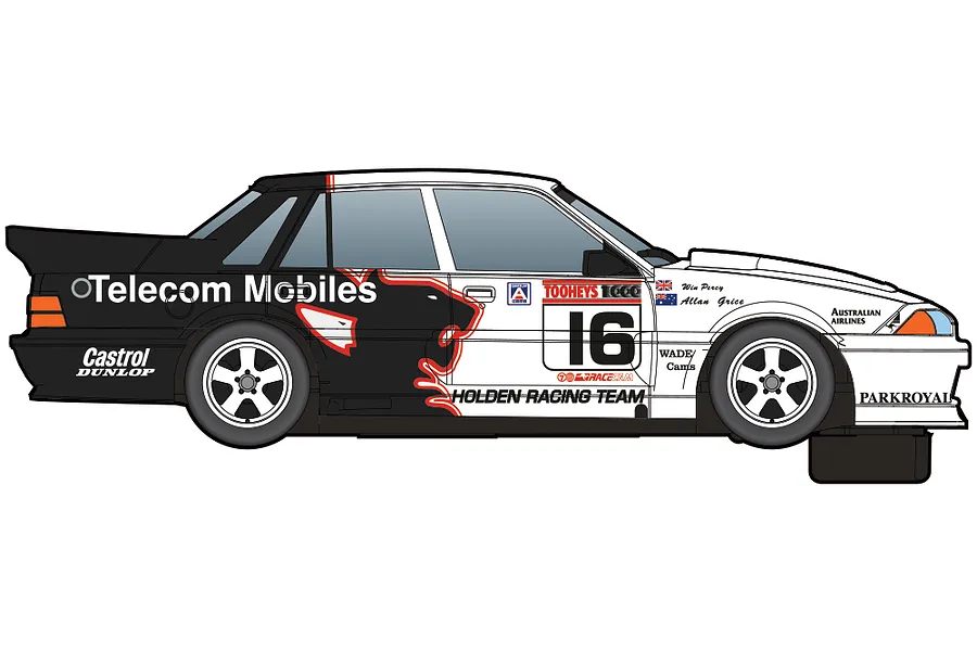 Side profile illustration of a Scalextric 1/32 scale Holden VL Commodore Group A race car, featuring Telecom Mobiles livery and number 16.