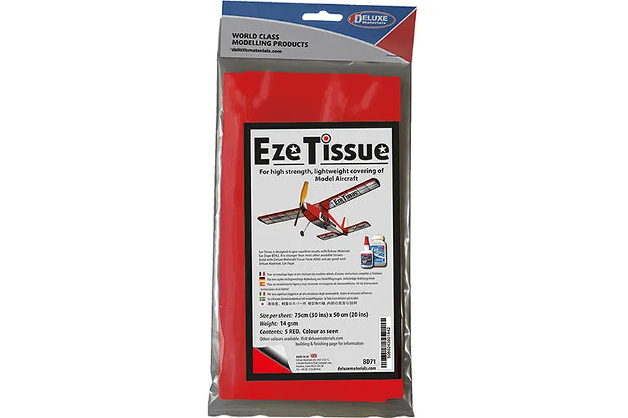 A pack of Deluxe Materials Eze Tissue in red, featuring a model aircraft illustration on the packaging.