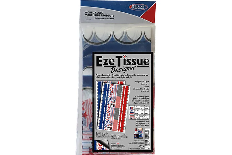 Deluxe Materials Eze Tissue Designer set in clear plastic packaging, featuring printed graphics and patterns for model aircraft decoration.