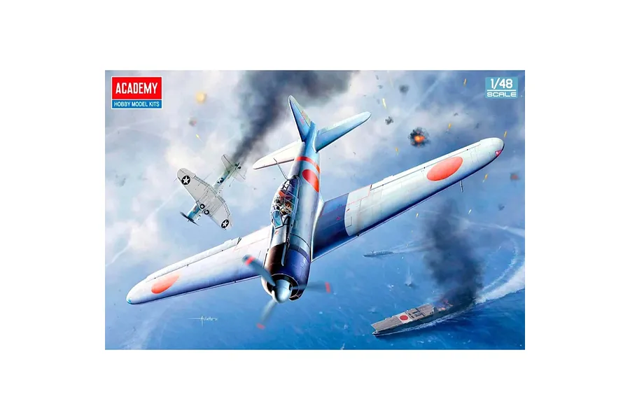 Box art for an Academy 1/48 scale A6M2b Zero Fighter model kit, featuring an aerial combat scene over the ocean.