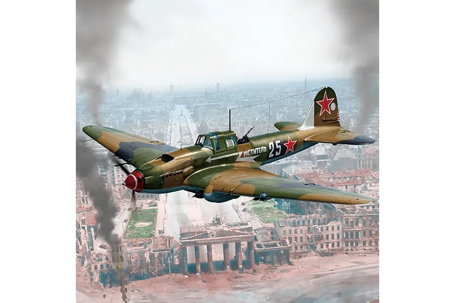 An illustration of a Soviet IL-2m3 aircraft flying over a war-torn Berlin city landscape with smoke rising in the background.