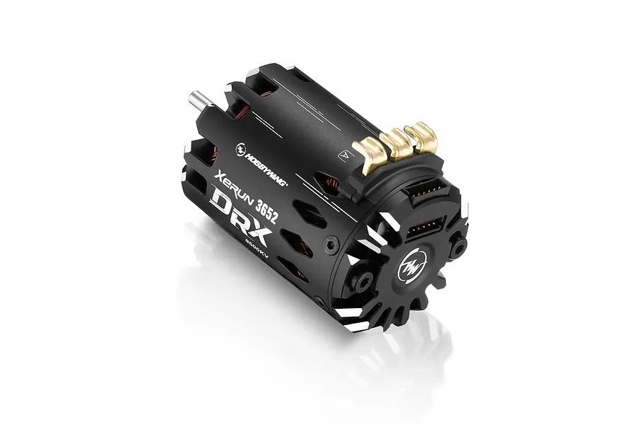 Hobbywing Xerun DRX 3652SD 8500kV sensored brushless motor in black with gold-plated solder tabs, viewed from an angle against a white background.