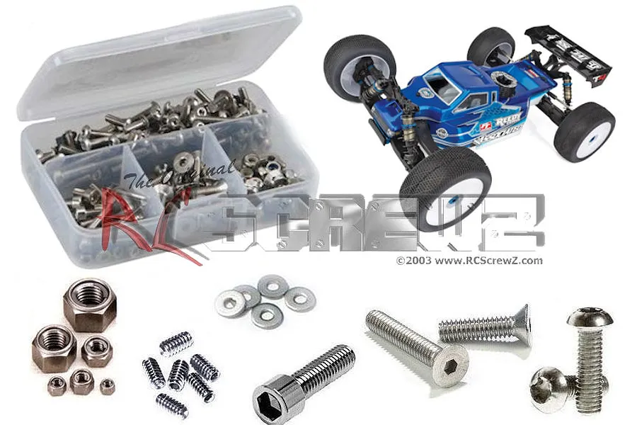 RC Screwz stainless steel screw kit for RC8T4 including a plastic storage box, various screws, nuts, and washers, with an RC8T4 buggy shown.