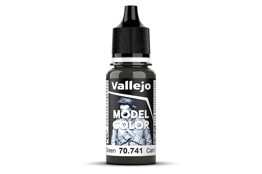 A 18ml bottle of Vallejo Model Color Cam Black Green matte acrylic paint, featuring a soldier illustration on the label.