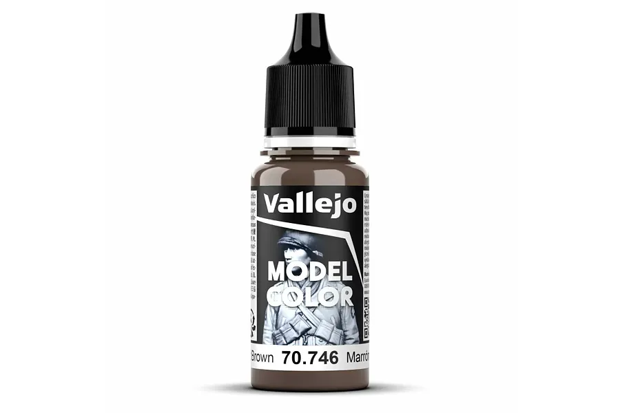 A bottle of Vallejo Model Color Chestnut Brown acrylic paint, showing the brand logo, product name, and a soldier illustration on the label.