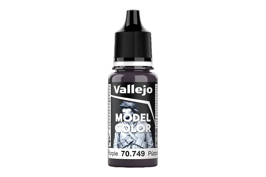 A bottle of Vallejo Model Color Dark Purple matte acrylic paint, 18ml, featuring a soldier illustration on the label.