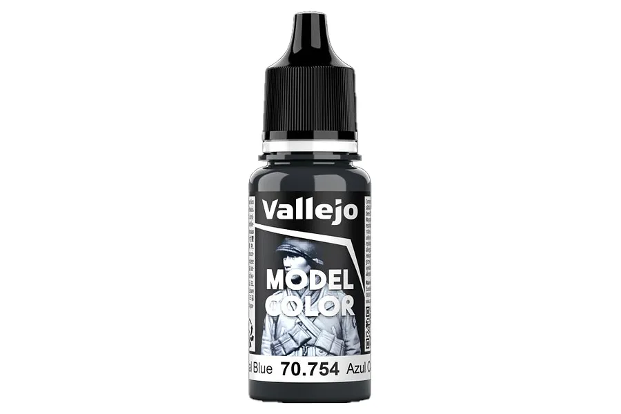 A bottle of Vallejo Model Color Continental Blue acrylic paint, showing the black dropper bottle with a label featuring a soldier illustration.