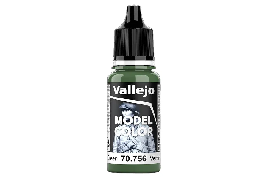 A 18ml bottle of Vallejo Model Color Splinter Green acrylic paint with a black dropper cap, centered against a white background.