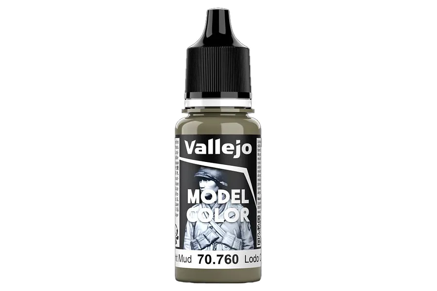 A bottle of Vallejo Model Color Light Mud acrylic paint, 18ml, featuring a soldier illustration on the label.