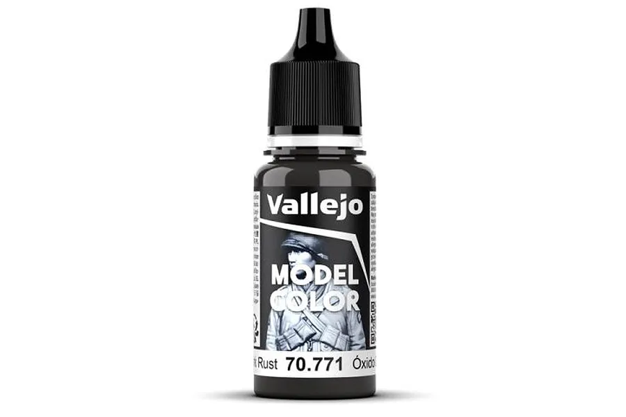 A 18ml bottle of Vallejo Model Color Dark Rust acrylic paint with a black dropper cap against a white background.