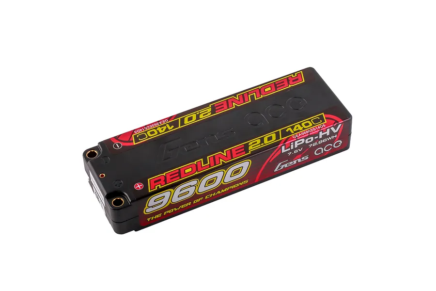 Gens Ace Redline 2.0 9600mAh 140C 7.6V LiPo-HV short hard case battery pack viewed from an angle.