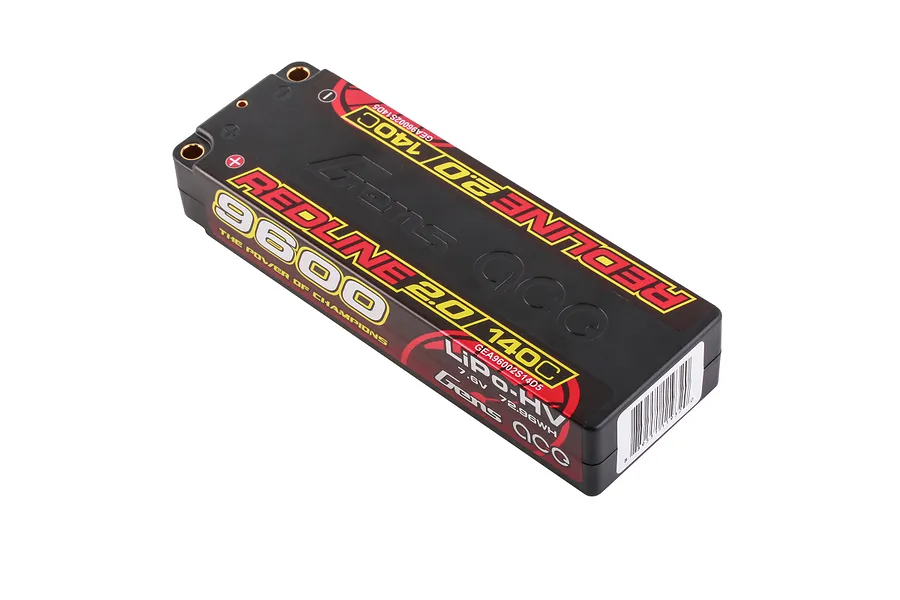 Gens Ace Redline 2.0 9600mAh 140C HV LiPo battery in a black hard case with red and yellow branding.