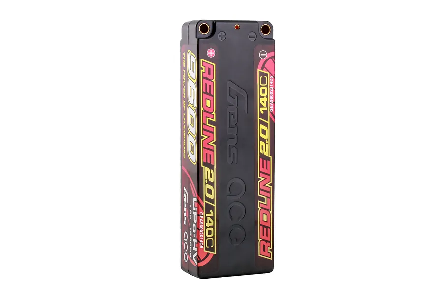 Gens Ace Redline 2.0 9600mAh 140C HV LiPo battery in a black hard case with red and yellow branding.
