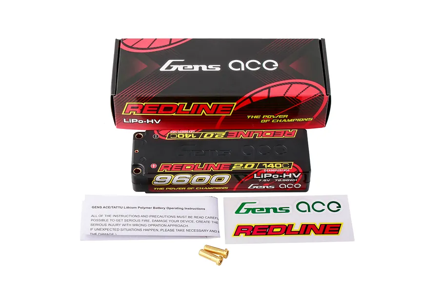Gens Ace Redline 2.0 9600mAh LiPo battery with its retail box, instruction manual, two bullet connectors, and a sticker sheet on a white background.