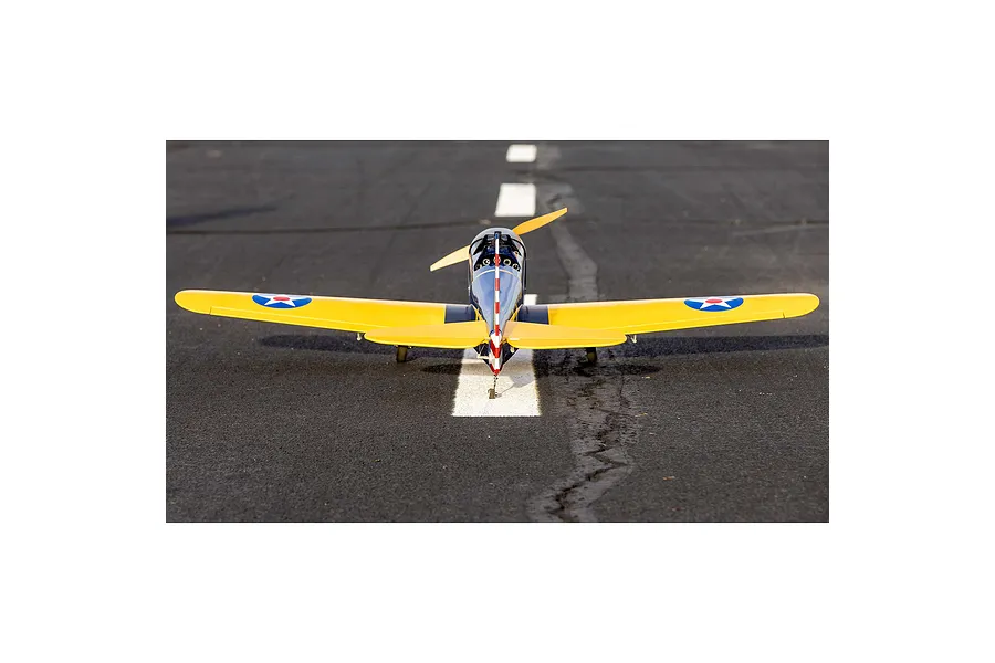 Rear view of a yellow and blue Hangar 9 PT-19 RC plane sitting on an asphalt runway with white markings.