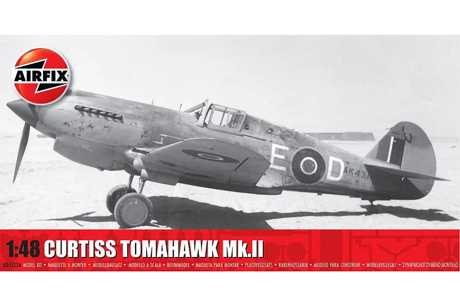 Airfix 1/48 scale Curtiss Tomahawk Mk.II plastic model kit box art featuring a black and white historical photo of the fighter aircraft.