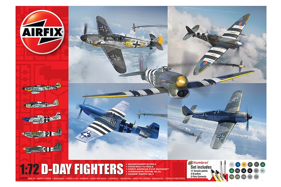 Airfix 1/72 scale D-Day Fighters model kit box art showing four different fighter aircraft in flight over clouds.