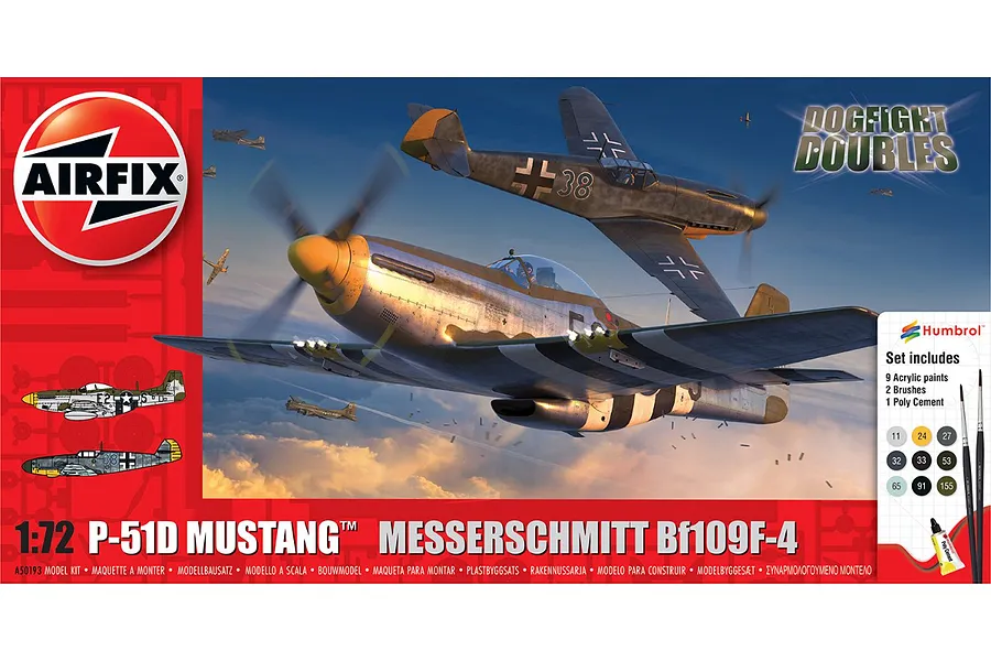 Airfix 1/72 P-51D Mustang &amp;amp; Bf109F-4 Fighters Dogfight Double Scaled Plastic Model Kit image 93814
