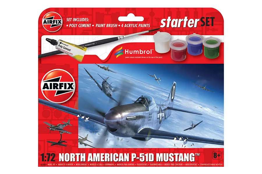 Airfix 1/72 scale North American P-51D Mustang starter model kit packaging showing the aircraft in flight and included paint, brush, and cement.
