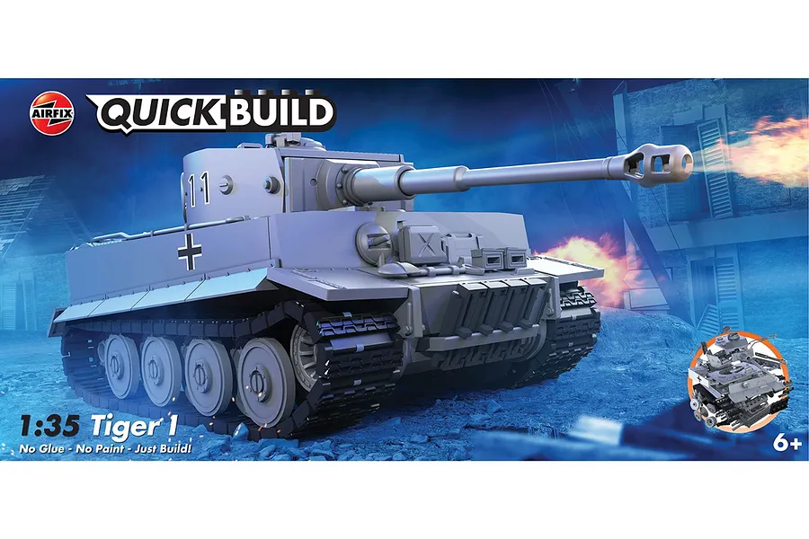 Airfix Quickbuild Tiger 1 tank model kit box art showing a grey tank on a battlefield background.