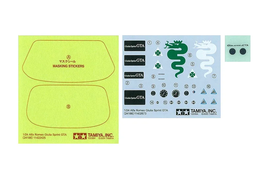 Tamiya 1/24 Alfa Romeo Giulia Sprint GTA model kit decal and masking sticker sheets on a white background.