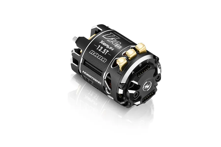 Hobbywing XeRun V10 G4R 13.5T sensored brushless motor in black with gold solder tabs, viewed from the rear angle.