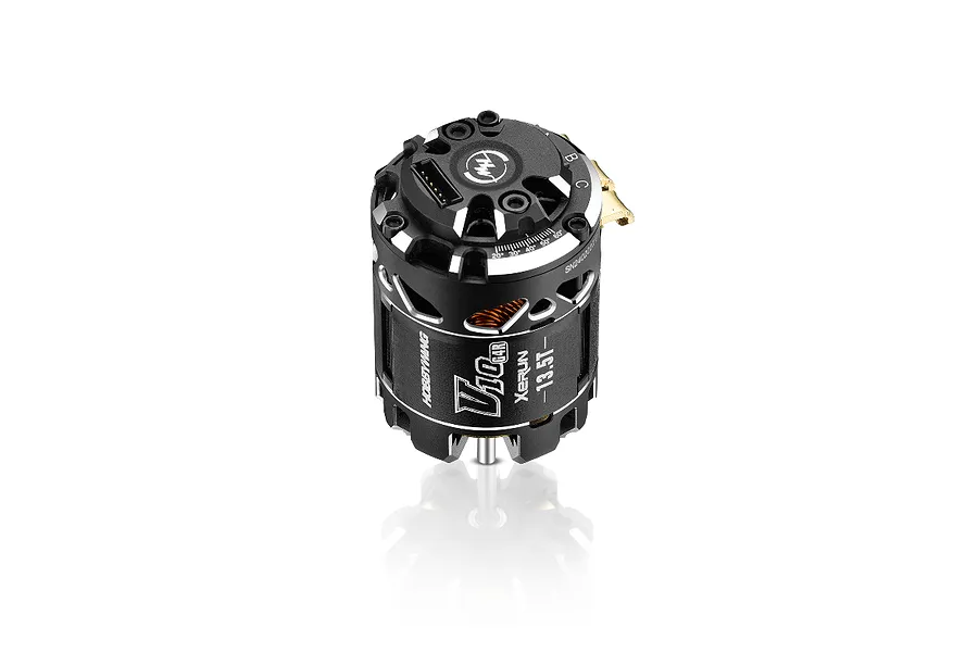 Hobbywing XeRun V10 G4R 13.5T sensored brushless motor in black with silver accents, shown from an angled top-down perspective.