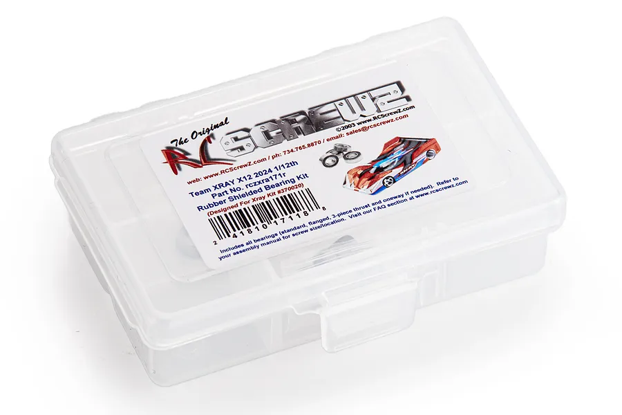 RC Screwz rubber shielded bearing kit for Team XRAY X12 2024 in a clear plastic storage box with a product label.