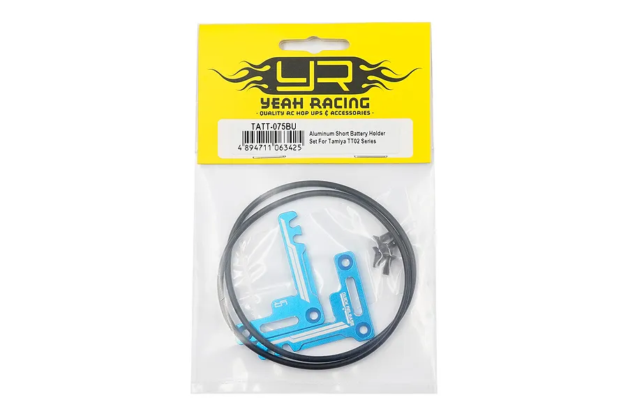 Yeah Racing blue aluminium short battery holder set for Tamiya TT02 in original yellow and clear plastic packaging.