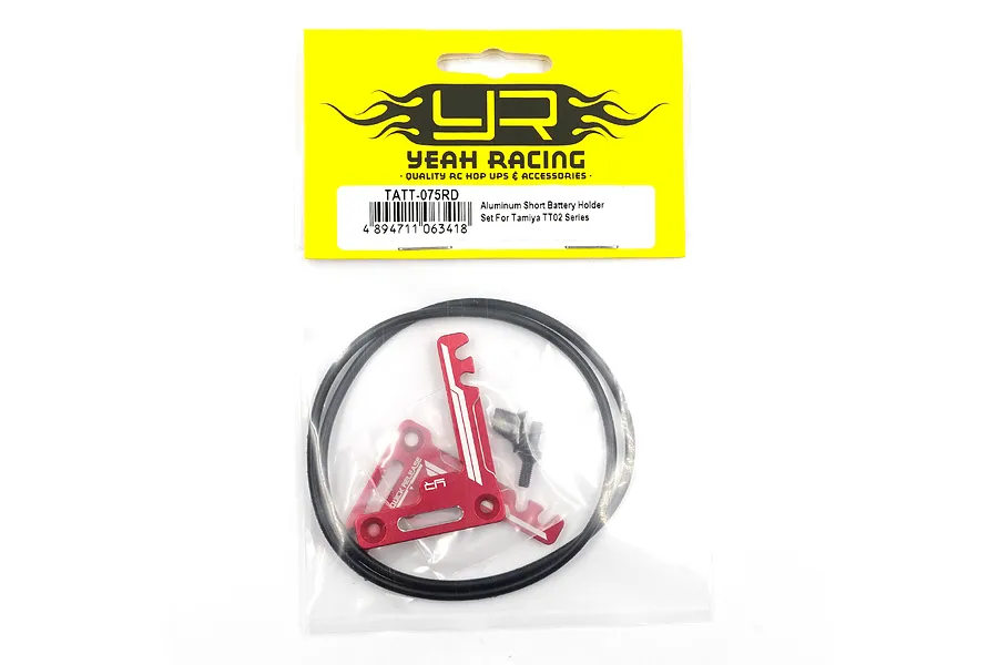 Yeah Racing TATT-075RD red aluminium short battery holder set for Tamiya TT02 in original retail packaging.