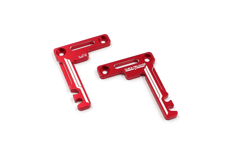 Two red anodized aluminium L-shaped battery holder brackets with white printed logos and text on a white background.