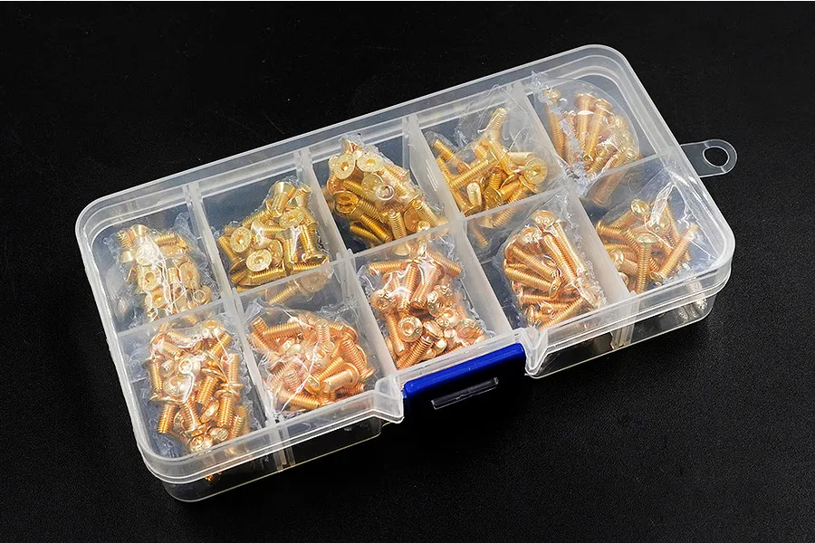 A clear plastic storage box containing various gold-coloured metal RC screws, each compartment holding a different type of screw in a small plastic bag.
