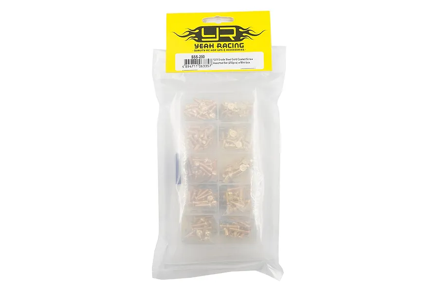 Yeah Racing gold steel screw kit in a clear plastic storage box, packaged in a sealed plastic bag with a yellow header card.