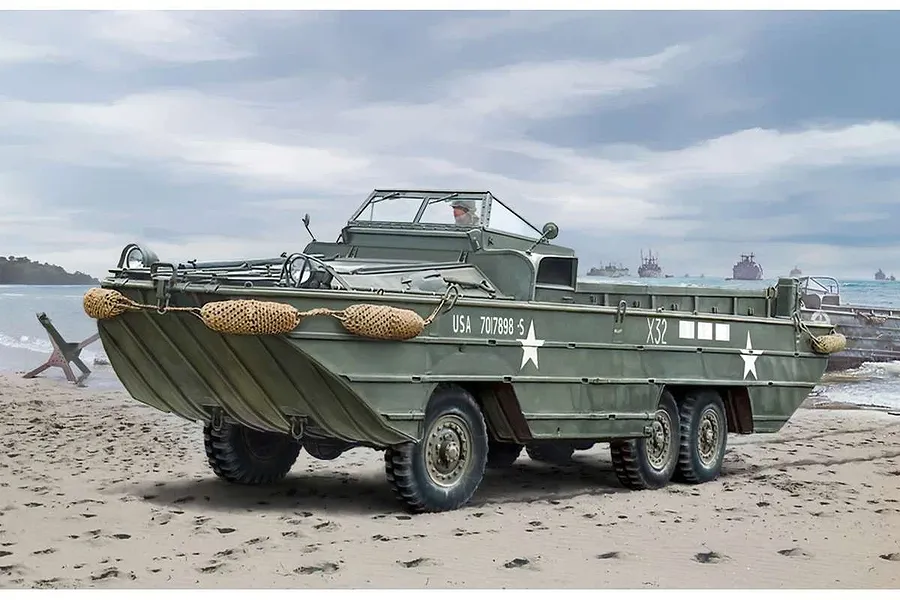 An artistic illustration of a DUKW amphibious truck on a sandy beach with ships in the background.