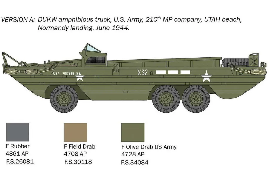 A digital illustration showing the side profile of a DUKW amphibious truck with color swatches for painting the model kit.