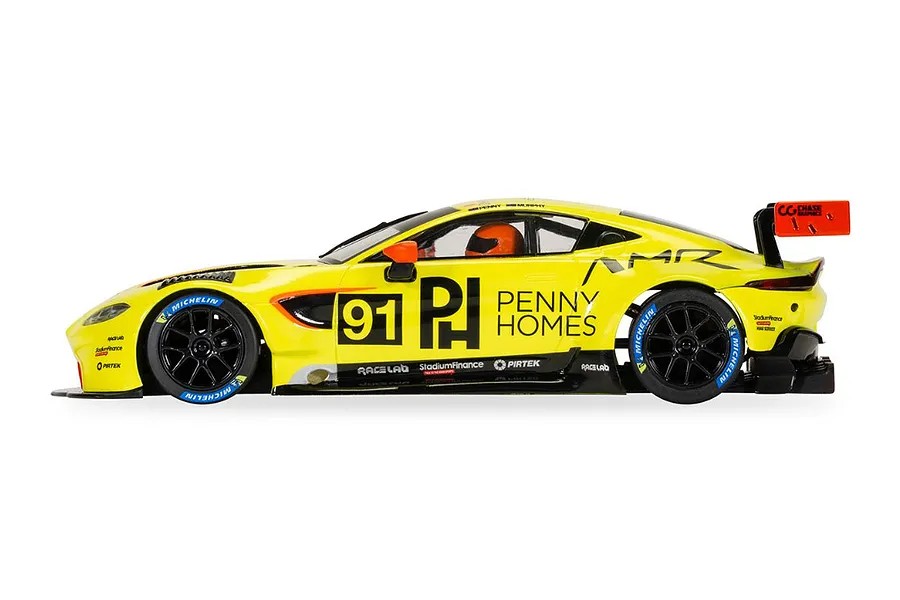 Side profile of a yellow Scalextric 1/32 Aston Martin GT3 Vantage slot car with Penny Homes Racing livery and number 91.