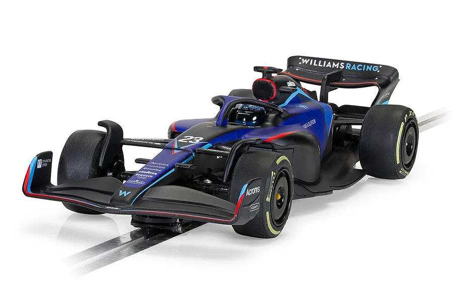 A Scalextric 1/32 scale Williams FW44 Formula 1 slot car, number 23, driven by Alexander Albon, shown on a slot car track.