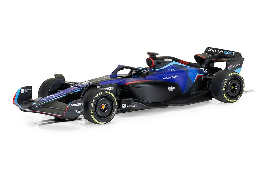 A Scalextric 1/32 scale Williams FW44 slot car driven by Alexander Albon, featuring the 2022 blue and black livery on a white background.