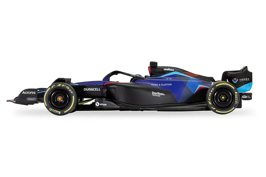 Side view of a 1/32 scale Scalextric Williams FW44 slot car in blue and black livery with sponsor logos.