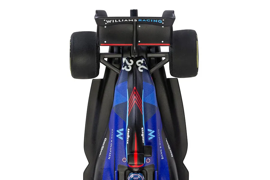 Top-down view of a Scalextric 1/32 scale Williams FW44 slot car featuring Alexander Albon's number 23 and blue and black livery.
