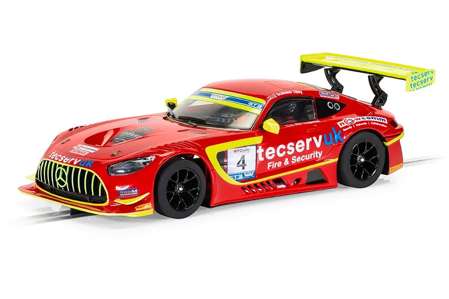 Scalextric 1/32 scale Mercedes AMG GT3 EVO slot car in red livery with yellow accents and Tecserv UK branding.