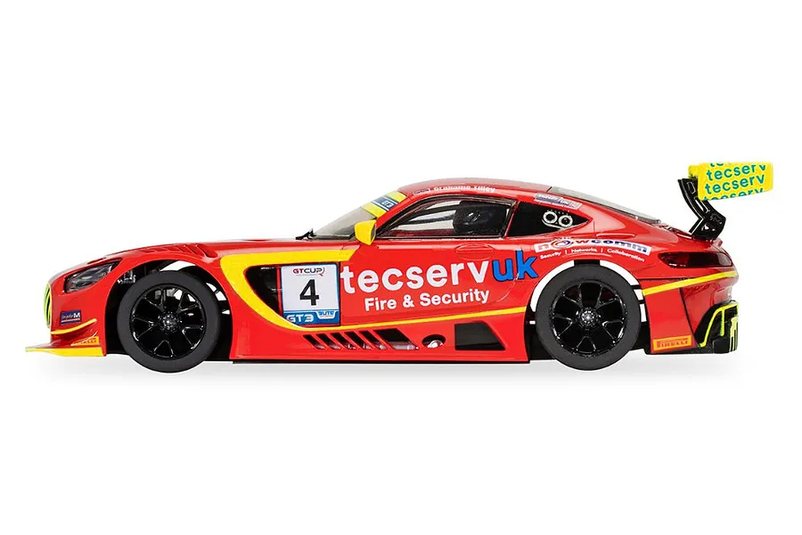 Side view of a red Scalextric Mercedes AMG GT3 EVO slot car with number 4 and Tecserv UK branding on a white background.