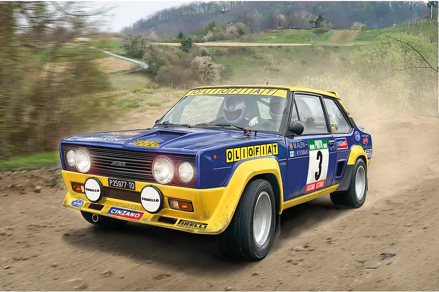 A dynamic illustration of a blue and yellow Fiat Abarth rally car driving on a dirt track with dust kicking up behind it.