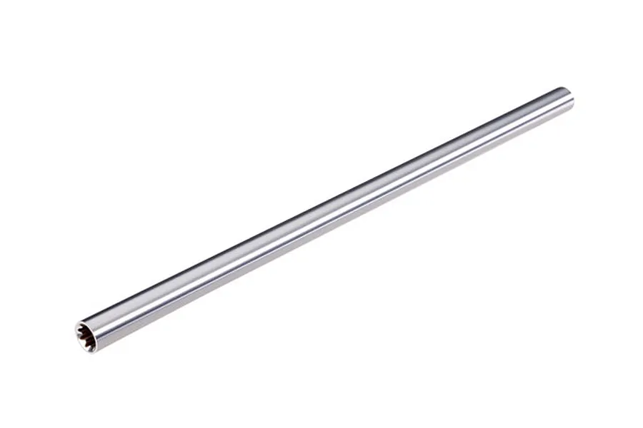 A silver-coloured metal centre driveshaft for an RC vehicle, shown against a plain white background.
