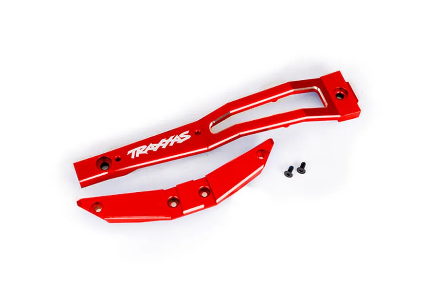 Traxxas red anodized aluminium chassis brace set with mounting screws on a white background.