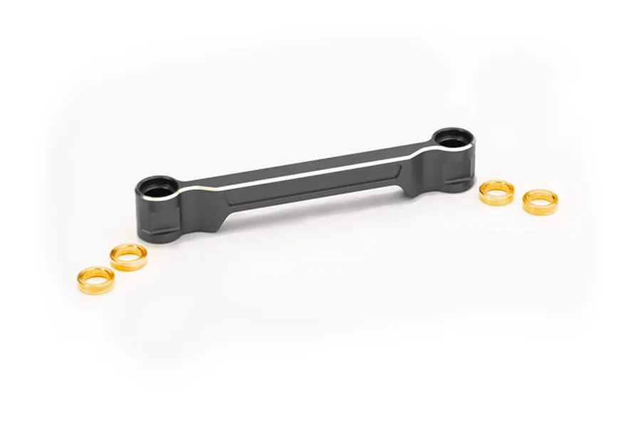 A grey aluminium steering draglink for an RC car, shown with four small gold-coloured metal bushings on a white background.