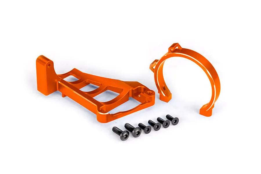 An orange anodized aluminium motor mount set for an RC car, including a main mount, a circular clamp, and six black screws on a white background.