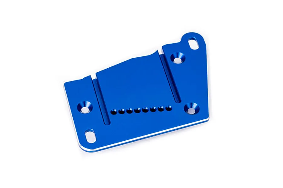 A blue anodized aluminium motor plate for Traxxas RC vehicles, featuring multiple mounting holes and slots on a white background.