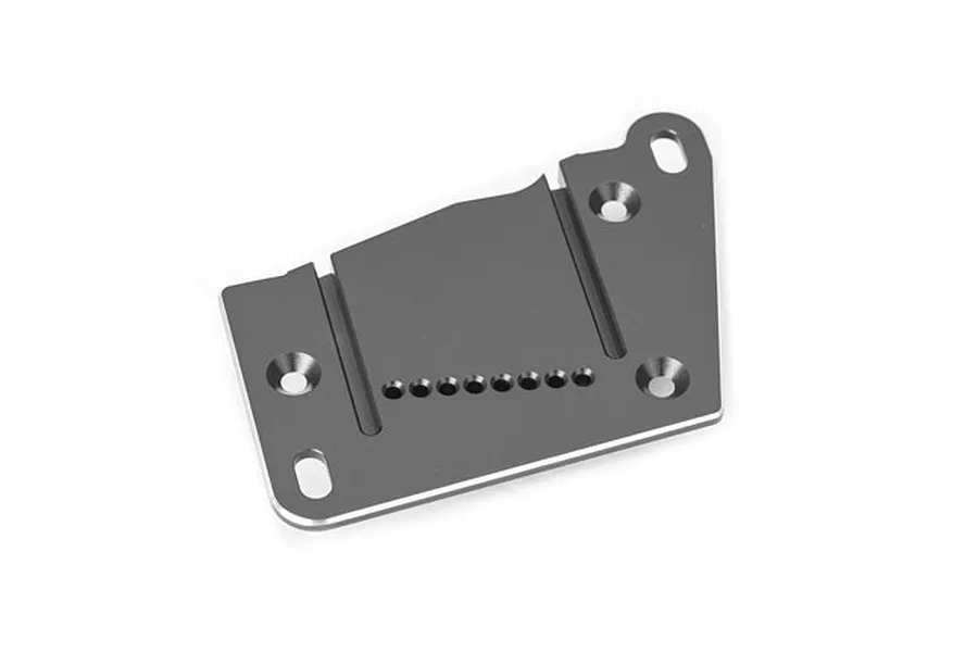 A grey anodized aluminium motor plate for Traxxas RC vehicles, featuring mounting holes and a row of adjustment holes.