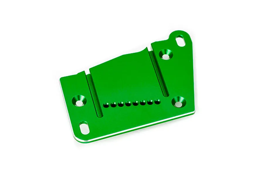 A green anodized aluminium motor plate for Traxxas RC vehicles, featuring mounting holes and slots.